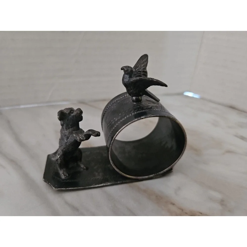Victorian Silver Plated Figural Napkin Ring w/Dog & Bird - Inscribed Mattie